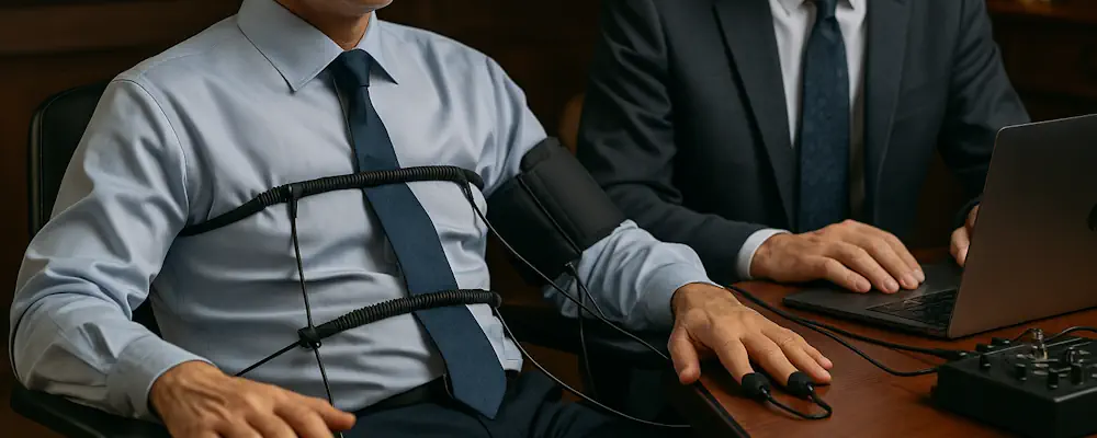 Mann während eines professionellen Lügendetektortests in Arnsberg bei der Detektei Condor, überwacht durch einen Psychologen mit Polygraph-Gerät.
