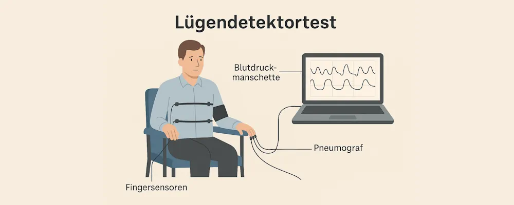 Infografik Lügendetektortest: Darstellung der Messpunkte mit Fingersensoren, Blutdruckmanschette und Pneumograf zur Wahrheitsprüfung.